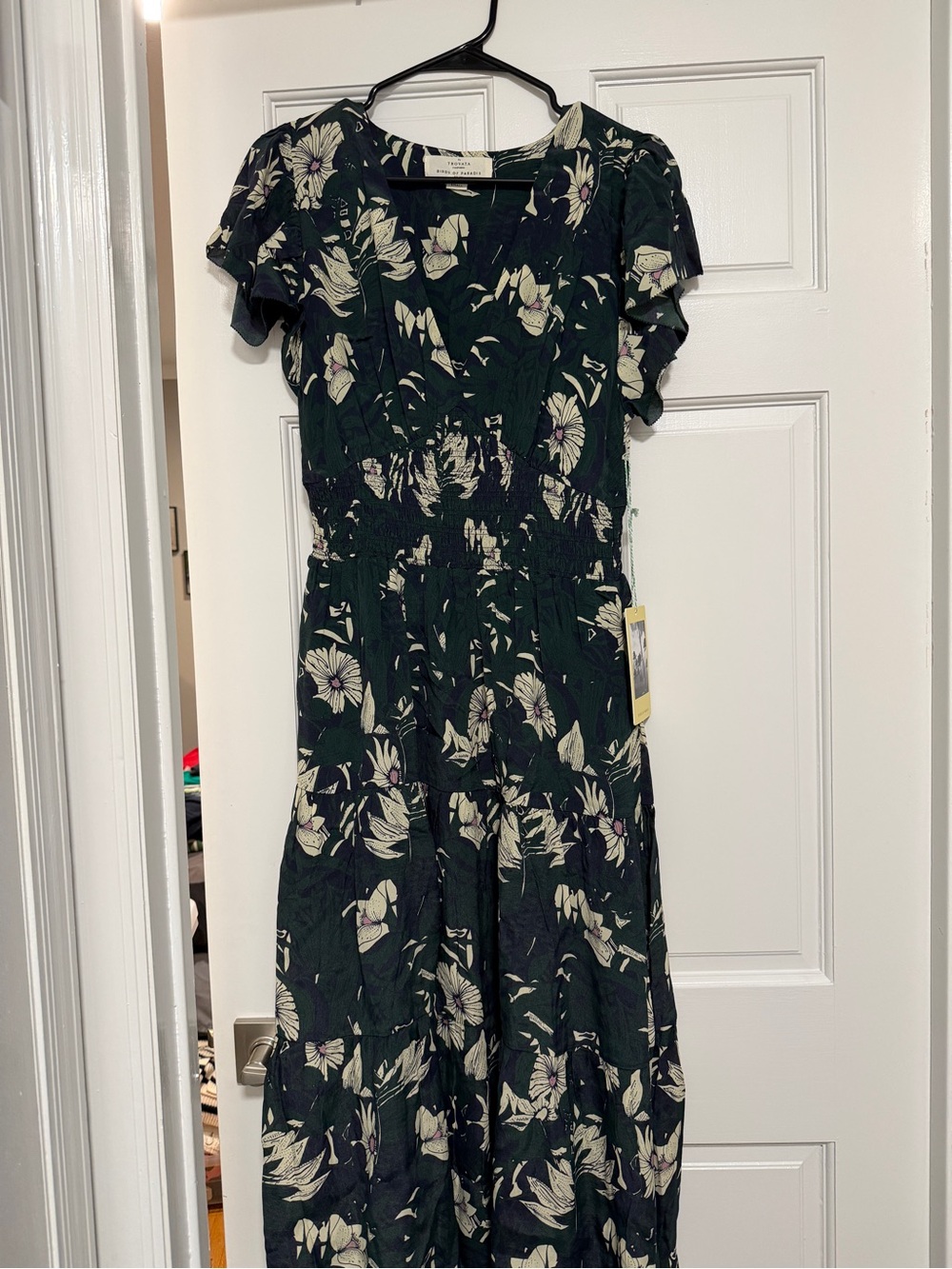 Trovata Dark Green Floral Midi Dress with Cream Blooms